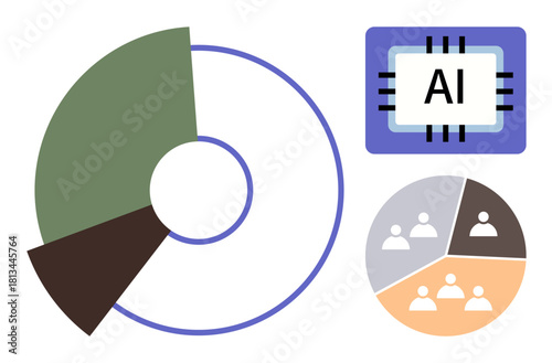 Circular pie charts representing data segments, AI microchip, and group divisions showcasing team structure. Ideal for data analysis, AI, teamwork, technology, business planning, collaboration