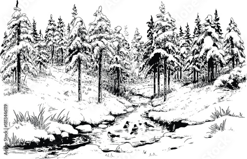 Black and white pencil sketch of a winter forest landscape with snowy pine trees, river stream, and birds in nature