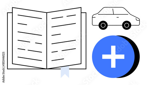 Knowledge concept. Open book, car icon, and blue plus sign learning, transportation, and addition concepts. Knowledge-based education, transportation logistics and creative apps. Financial tools