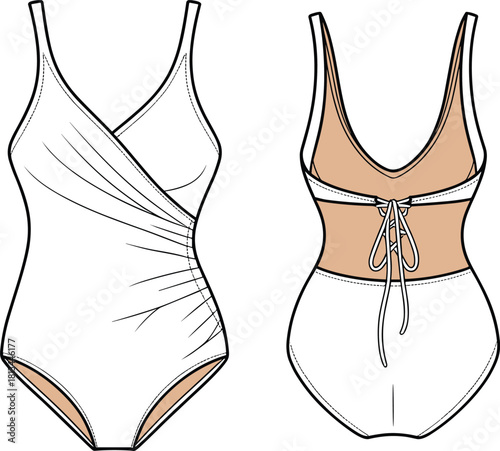 “Elegant ruched wrap swimsuit front and lace-up back design fashion flat sketch, detailed CAD drawing for apparel design presentation”