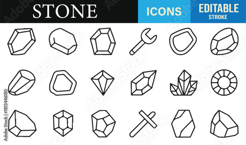 Modern outline icons of crystals, rocks, gemstones, and geology elements