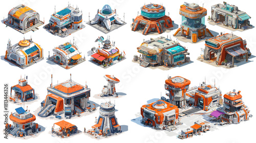 Futuristic sci fi colony illustrations featuring advanced research stations, domes, labs, and modern outpost structures with clean technology inspired architectural designs.