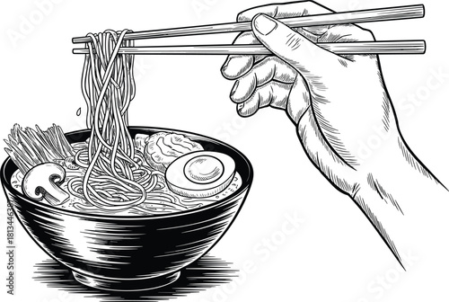 Black and white ramen bowl illustration with hand holding chopsticks Japanese noodle soup egg seafood detailed food drawing artwork