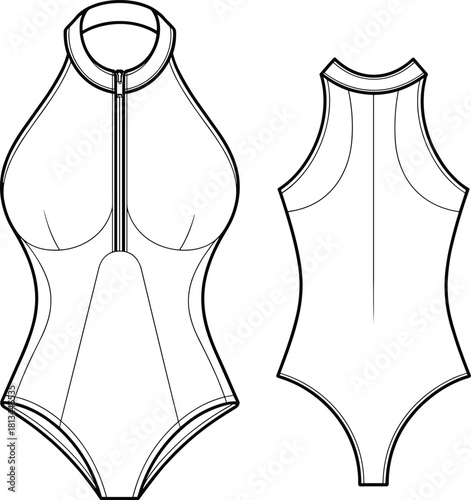 "Technical flat vector illustration of a sleeveless zip-front women’s bodysuit with high neckline, contour seams, and modern minimal design"