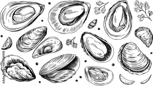 Black and white seafood illustration featuring detailed oyster and clam shells, hand drawn sketch style for restaurant menu or culinary design