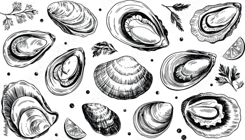 Black and white seafood illustration featuring detailed oyster and clam shells, hand drawn sketch style for restaurant menu or culinary design