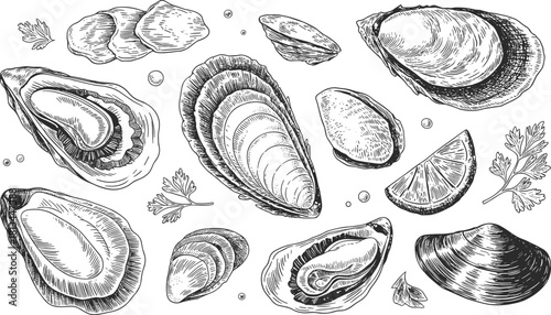 Black and white seafood illustration featuring detailed oyster and clam shells, hand drawn sketch style for restaurant menu or culinary design