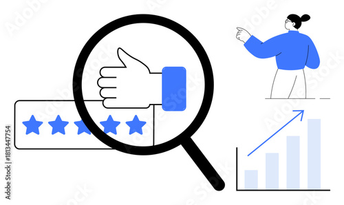 Magnifying glass over thumbs-up and star rating, a woman pointing, and a growth chart. Ideal for feedback, success, performance, analytics, reputation, customer satisfaction simple flat metaphor