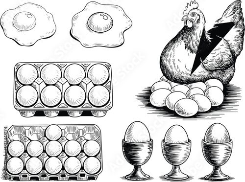 Black and white sketch illustration of chicken with eggs, egg cartons, and fried eggs in vintage hand drawn farm style