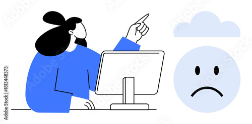 Error concept. Display of frustration as a person points at a computer issue, highlighted by a sad emotion in the cloud. Error in digital operations and troubleshooting . For IT, troubleshooting