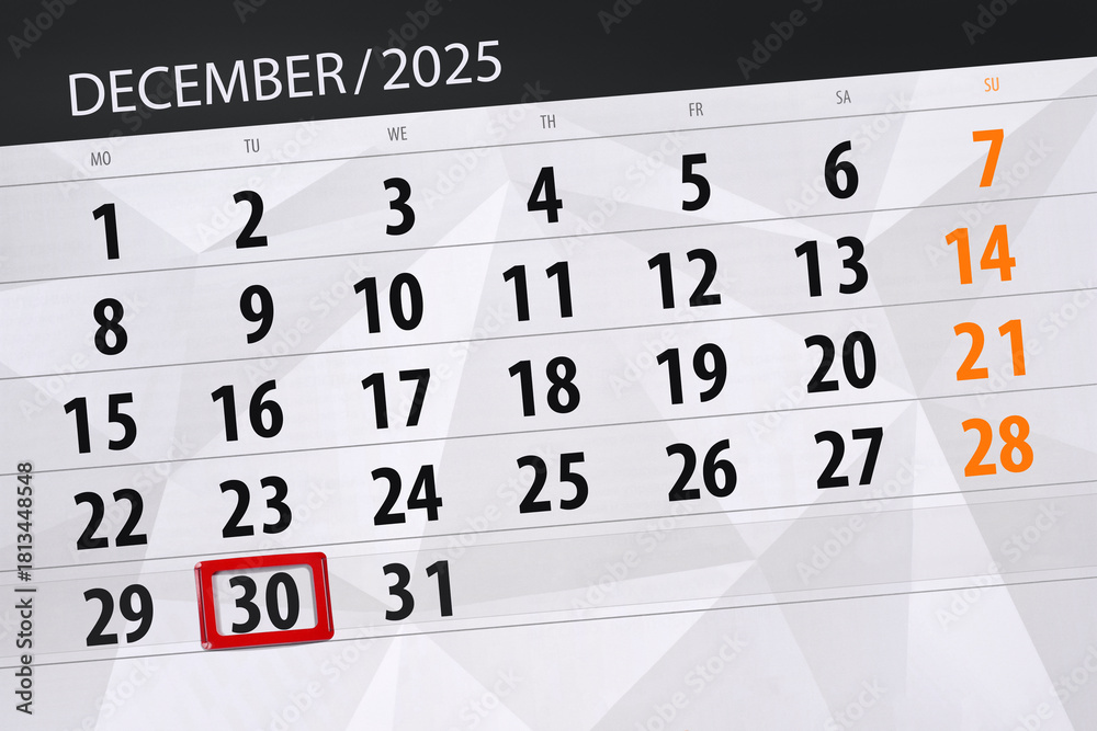 Obraz premium Calendar 2025, deadline, day, month, page, organizer, date, December, tuesday, number 30