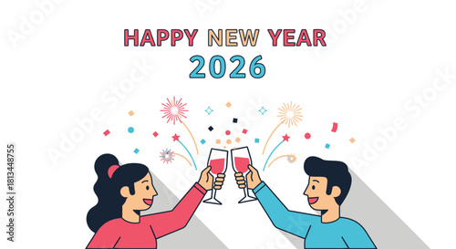 A couple celebrates the arrival of the New Year 2026 with a toast and fireworks.