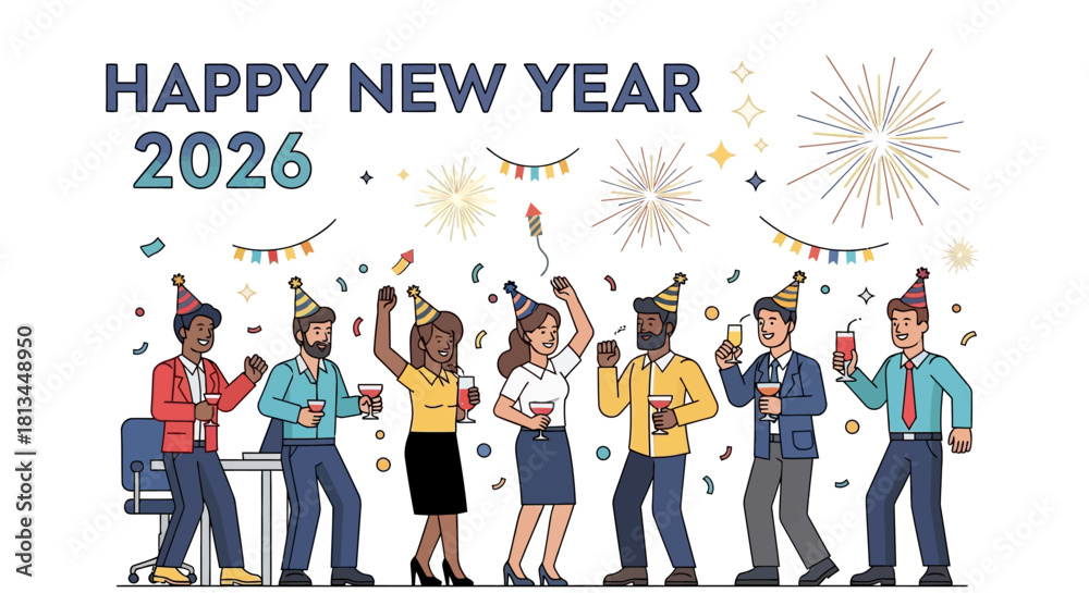 Obraz premium Office workers celebrate the New Year 2026 with confetti, drinks, and fireworks in a festive atmosphere.