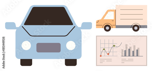 Blue car, delivery truck, financial graph with charts and trends. Ideal for logistics, transport planning, business analysis, efficiency tracking, fleet management, data insights market research