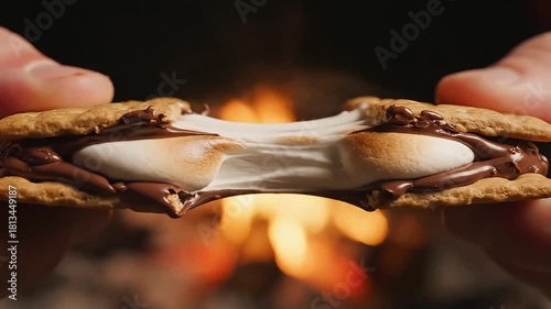 Hands pulling apart a warm melted chocolate and marshmallow smore.