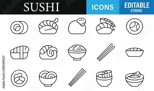 Outline-style sushi graphics featuring seafood rolls, rice dishes, and chopstick utensils