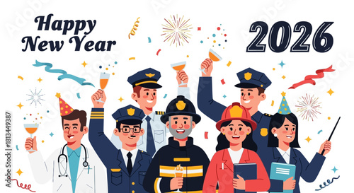 Diverse group of essential workers celebrating Happy New Year 2026 with champagne and confetti.