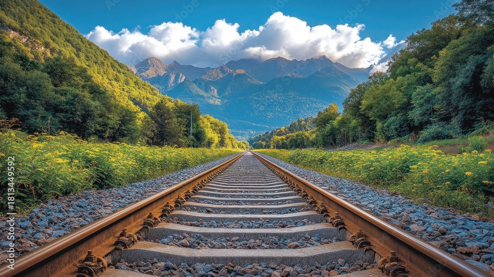 Fototapeta premium Mountain railroad tracks, lush landscape