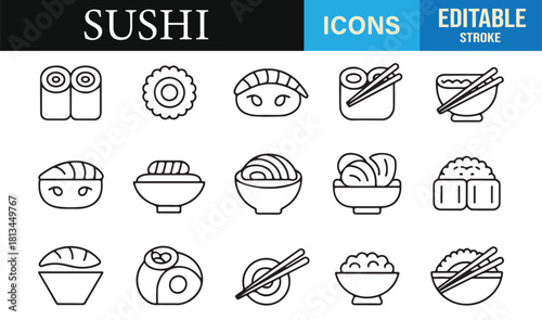 Thin-line Japanese cuisine icons with rolls, fish, rice bowls, and traditional foods