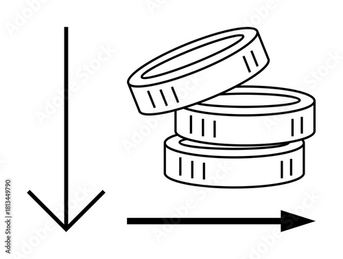 Stack of coins with downward and lateral arrows representing economic downturn, spending, and financial transitions. Ideal for finance, economy, investment, banking, strategy, change budget themes