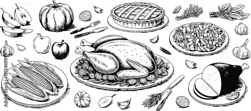 Black and white Thanksgiving dinner illustration with roasted turkey, pumpkin pie, vegetables, fruits, and festive food items drawn in ink style