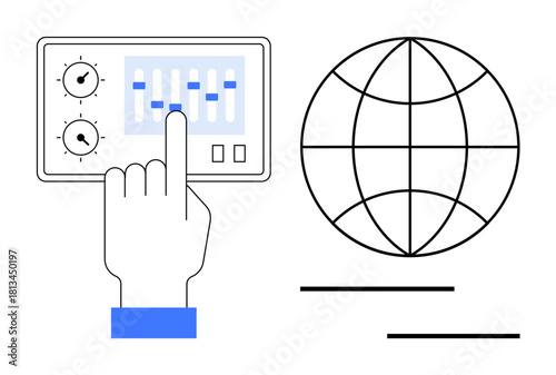 Hand operates slider controls on panel beside globe outline. Ideal for technology, globalization, communication, networking, data management, innovation, and process control. Simple flat metaphor