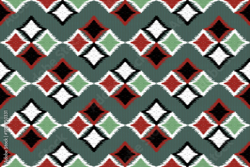 Vintage ikat diamond seamless pattern in red, green, white, and black tones, perfect for textile prints, boho fabrics, ethnic decor, and rustic tribal design projects.