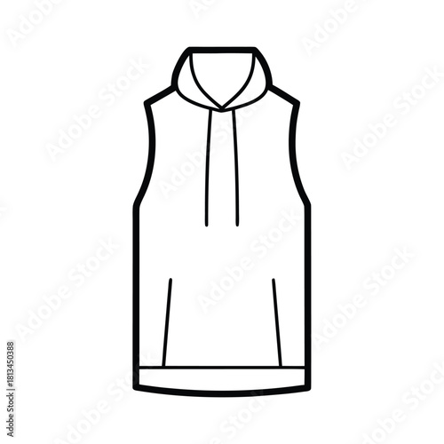 Simple Line Art Icon of a Sleeveless Hoodie with Drawstrings and Pockets