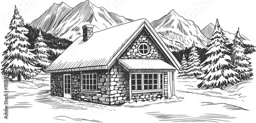Black and white winter cabin illustration with snow covered house pine trees and mountain landscape peaceful nature drawing vintage design
