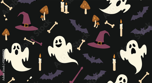 Seamless Halloween pattern with cartoon ghosts, witch hats, bats, glowing candles, bones, and mushrooms on a dark background.