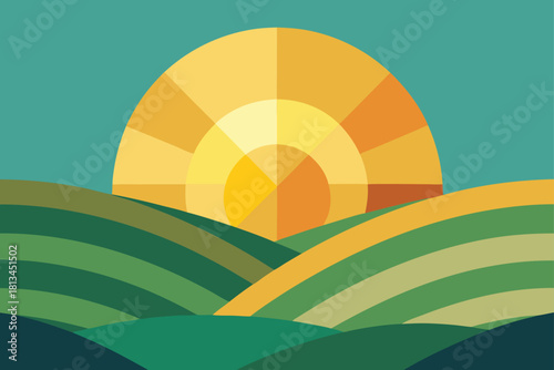 Geometric sunrise over rolling green and gold fields Vector