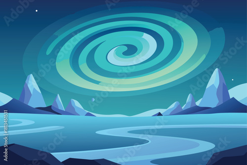 Abstract alien landscape with vibrant spiral aurora Vector