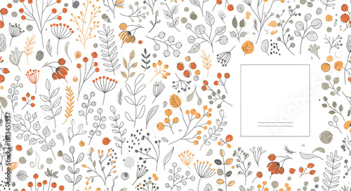 Autumnal hand-drawn botanical seamless pattern with leaves, berries, and sprigs in warm tones, featuring a central white text frame.