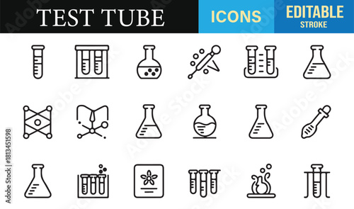 Thin-line science icons showing chemical containers, glassware, and experiment items