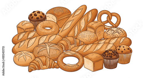 A diverse collection of freshly baked bread and pastries, featuring loaves, bagels, croissants, and muffins on a white background.