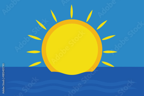Stylized cartoon sun rising over blue ocean waves Vector