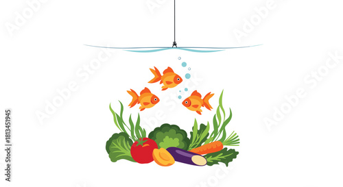 Three golden fish swim above a vibrant assortment of fresh vegetables and aquatic plants, observed from below a fishing line with a hook.