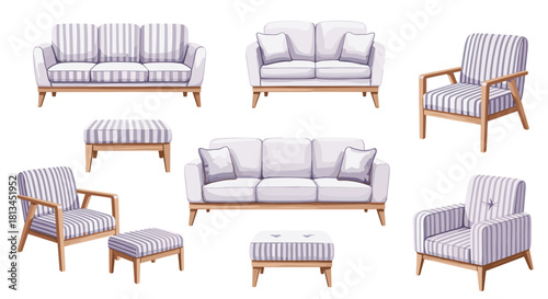 Collection of modern living room furniture with wooden details and striped or plain gray and white upholstery on a white background.