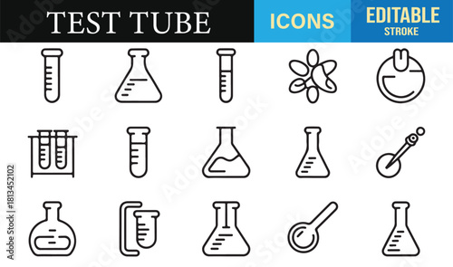 Minimal outline laboratory glassware icons including test tubes, flasks, and beakers