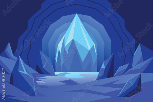 Mystical blue ice cave with a giant crystal formation Vector