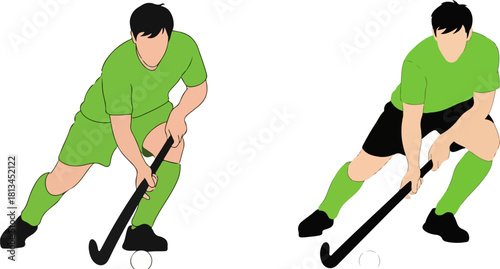 Two field hockey players dribbling with sticks during a competitive sporting event