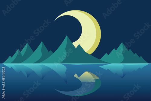 Crescent moon shines above mountains and calm lake Vector