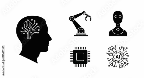 Artificial Intelligence and Robotics Icons Brain, Robot Arm, CPU, and AI Network
