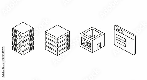 A set of isometric line art icons depicting data servers, hosting racks, and a web login form for technology and network concepts
