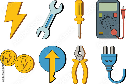 Cartoon illustration of electrical tools and energy icons including wrench, pliers, screwdriver, power plug, multimeter, lightning bolt, repair, maintenance