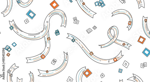 Abstract seamless pattern with flowing ribbons and scattered diamond shapes in orange and blue on a white background.