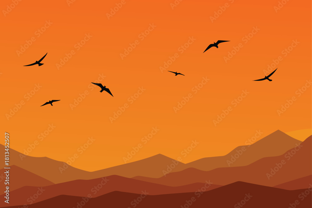 Fototapeta premium Silhouettes of birds flying over mountains at sunset Vector