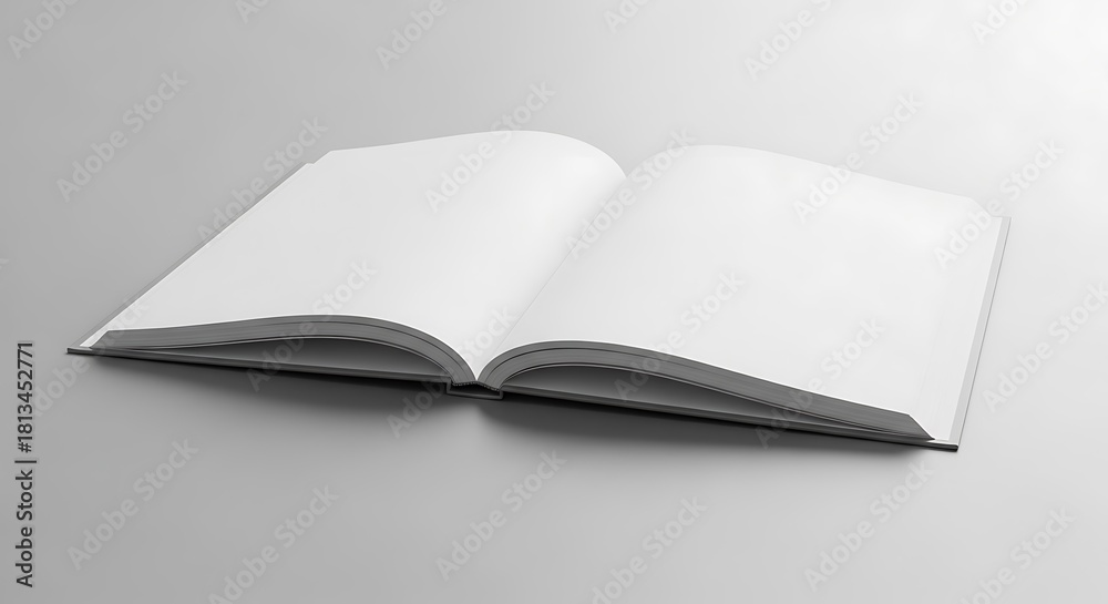Fototapeta premium Open blank white book or magazine with empty pages, lying on a light gray surface, ready for text or design