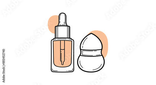 Liquid foundation dropper bottle and beauty blender sponge, essential tools for makeup application.