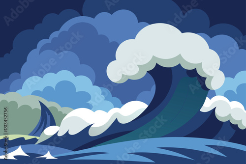 Powerful ocean wave breaking under a stormy sky vector art Vector